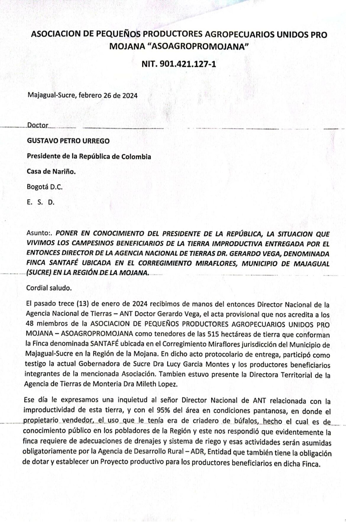 Carta familias finca