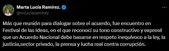 La exvicpresidenta Martha Lucía Ramírez habló del acuerdo nacional con el ministro del Interior Juan Fernando Cristo.