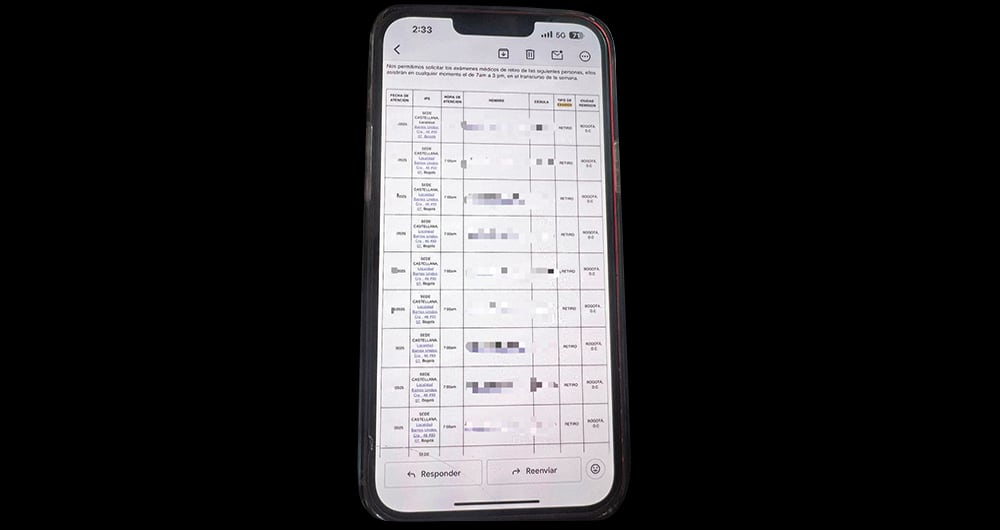 La imagen del celular contiene el listado con los nombres de la docena de asesores civiles retirados del Ministerio de Defensa luego de la llegada del general (r) Pedro Sánchez.