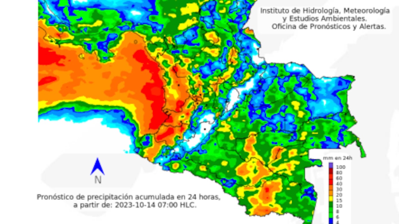 Pronóstico de precipitación acumulada en 24 horas para el día sábado 14 de octubre.