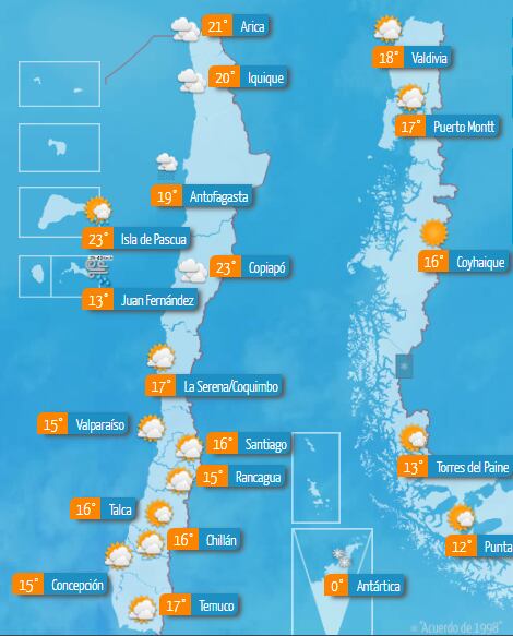 Este es el mapa que registra el clima que tendrá las zonas más importantes a lo largo y ancho de Chile