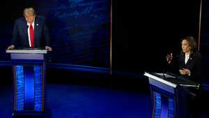 Republican presidential nominee former President Donald Trump and Democratic presidential nominee Vice President Kamala Harris participate during an ABC News presidential debate at the National Constitution Center, Tuesday, Sept.10, 2024, in Philadelphia. (AP Photo/Alex Brandon)