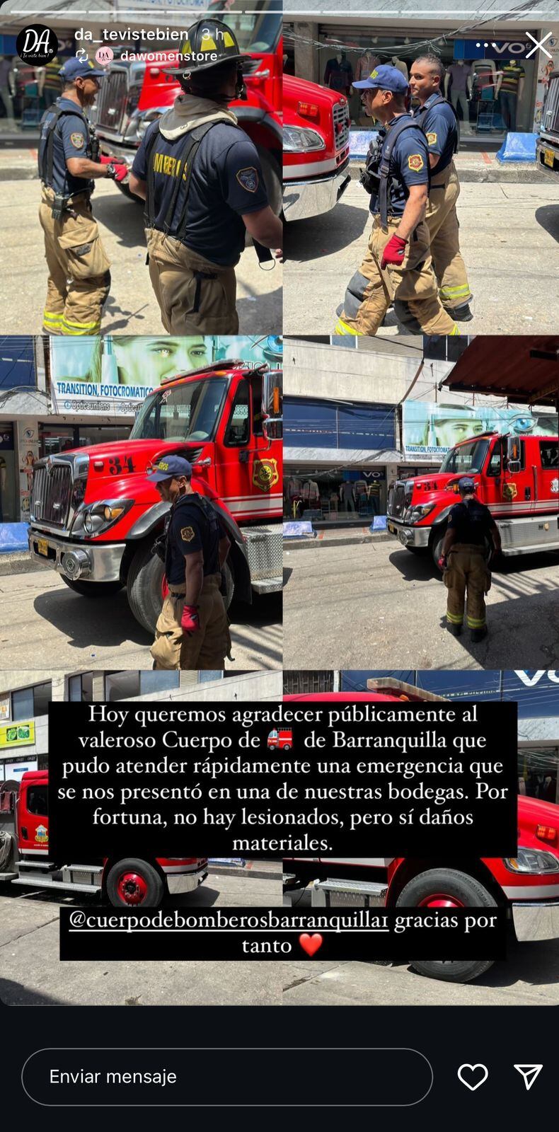 A través de una historia en Instagram agradecieron a los bomberos.