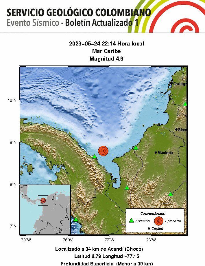 Temblor en el mar Caribe a las 10:14 de la noche.