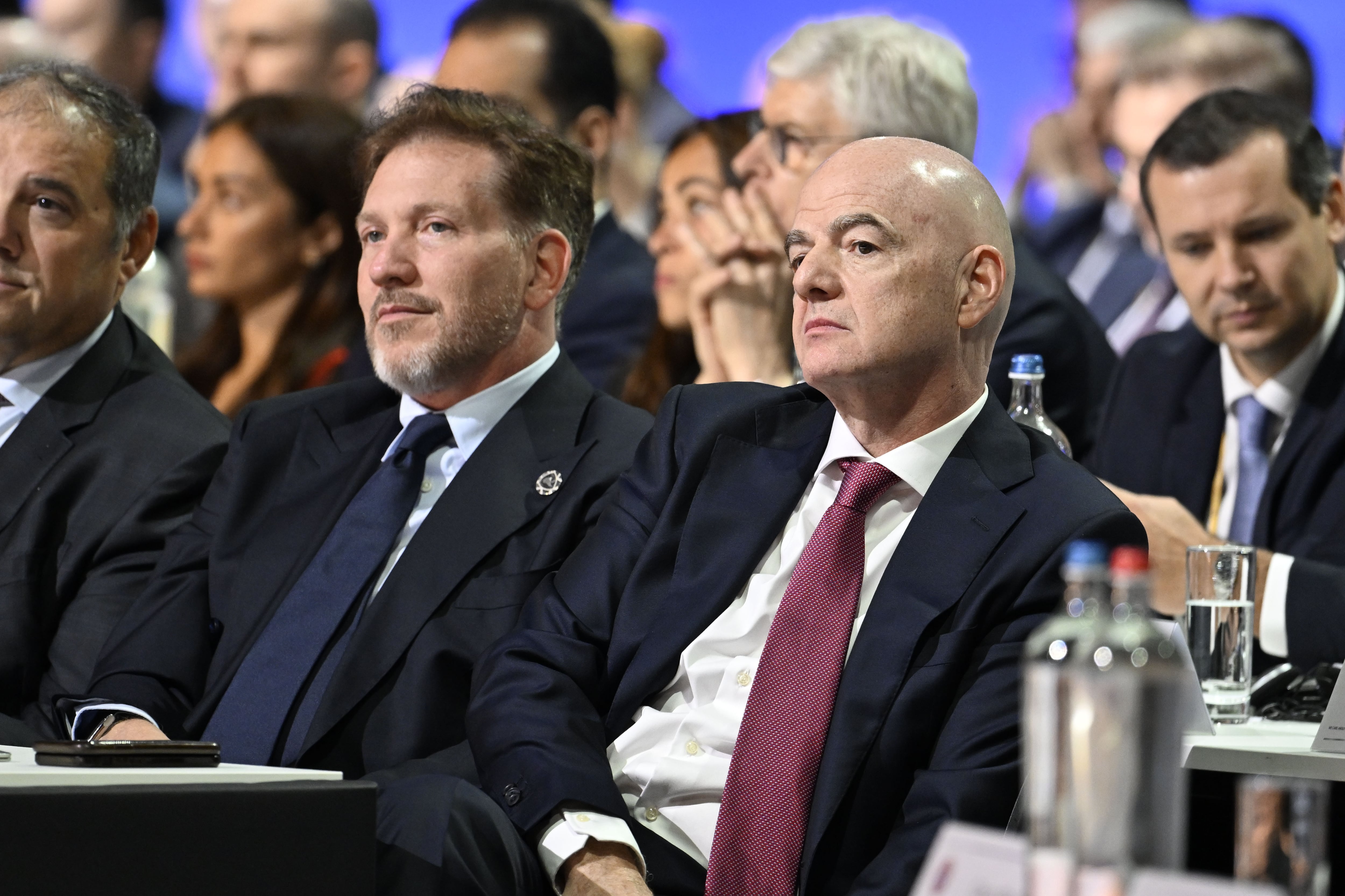 BRUSSELS, BELGIUM - FEBRUARY 12: CONMEBOL President Alejandro Domínguez (L) and FIFA President Gianni Infantino during the 50th UEFA Ordinary Congress at the Brussels Expo on February 12, 2026, in Brussels, Belgium (Photo by Kristian Skeie - UEFA/UEFA via Getty Images)