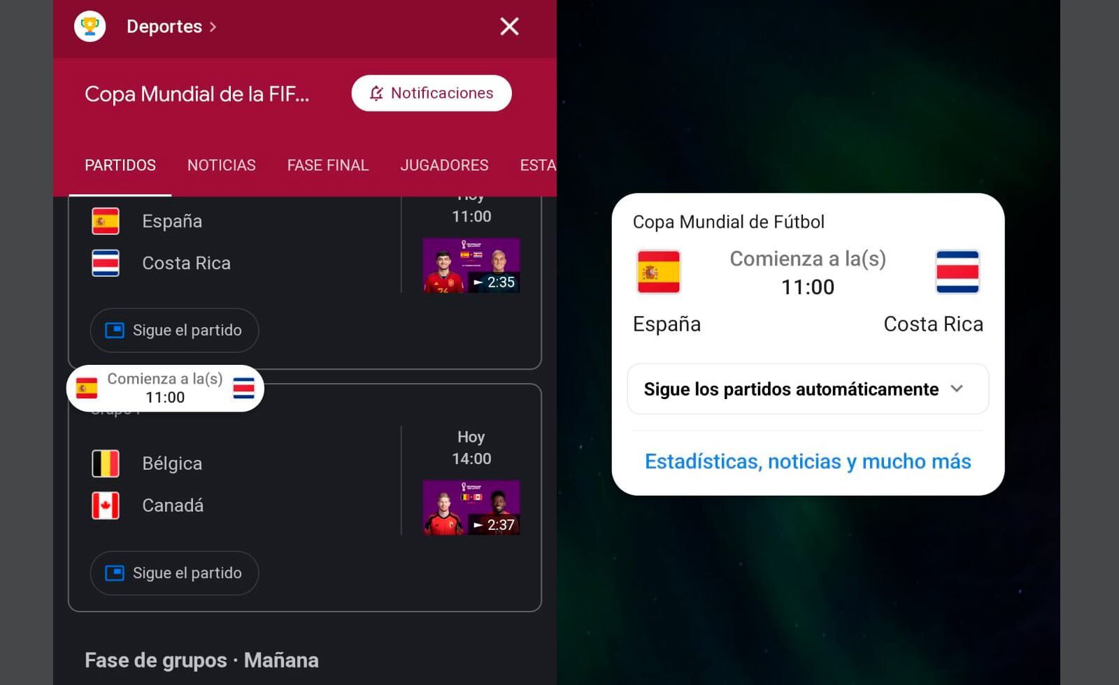 Google permite generar una ventana flotante con los marcadores de los partidos de Qatar 2022.