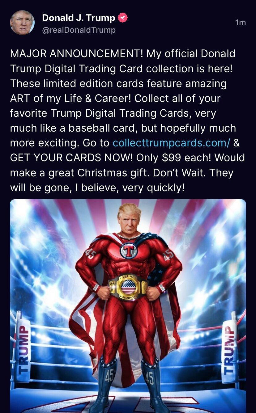 Trump vende un NFT de sí mismo vestido de superhéroe.