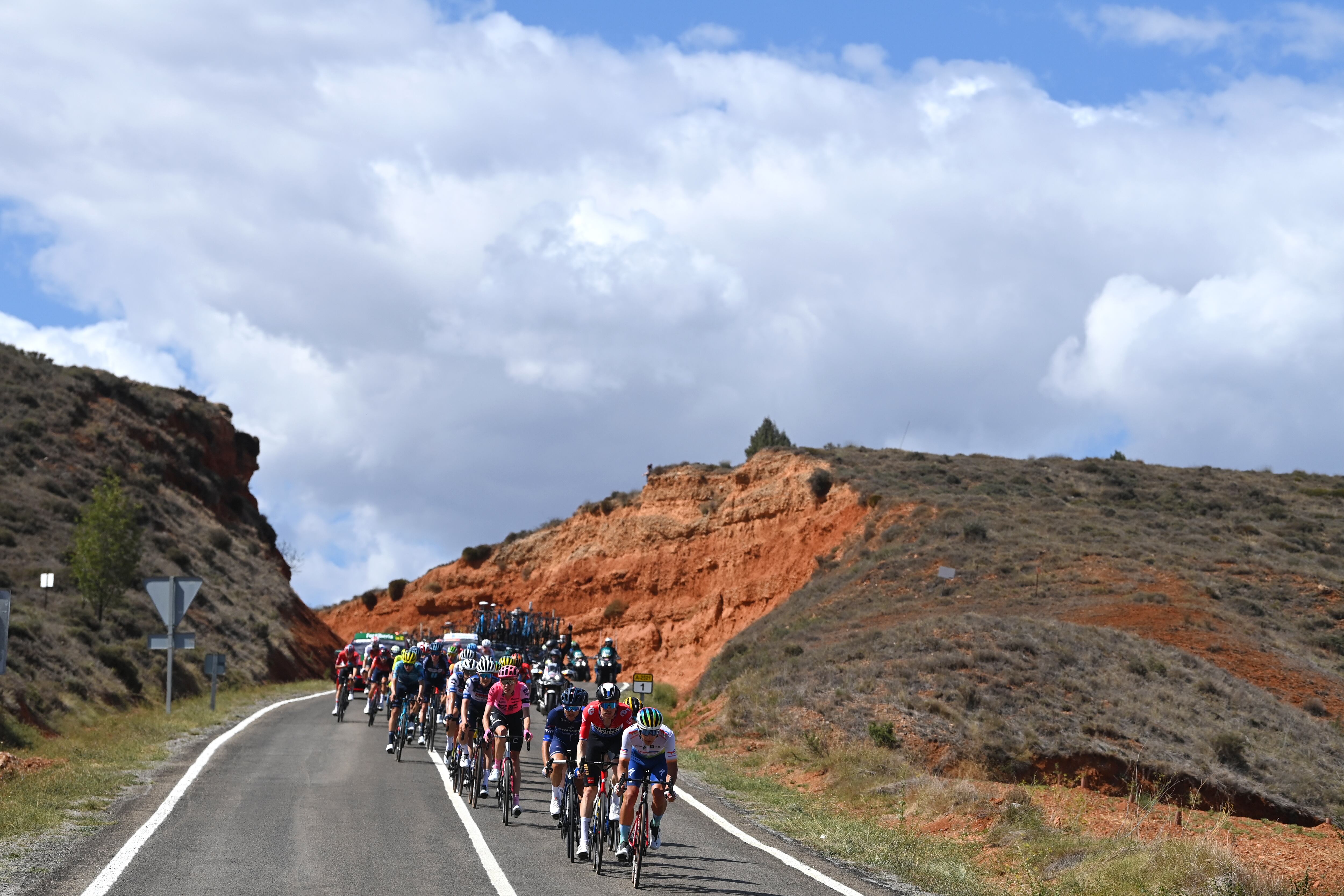 OBSERVATORIO ASTROFÍSICO DE JAVALAMBRE, SPAIN - AUGUST 31: Fabien Doubey of France and Team TotalEnergies, Dylan Van Baarle of The Netherlands and Team Jumbo-Visma, Rudy Molard of France, Michael Storer of Australia and Team Groupama-FDJ, Hugh Carthy of The United Kingdom and Team EF Education-EasyPost, Louis Vervaeke of Belgium and Team Soudal - Quick Step, Marc Soler of Spain and UAE Team Emirates, Emanuel Buchmann of Germany and Team BORA - Hansgrohe, Cristian Rodríguez of Spain and Team Arkéa-Samsic, Jonathan Castroviejo of Spain and Team INEOS Grenadiers, Lenny Martinez of France and Team Groupama - FDJ - White Best Young Rider Jersey, Jesús Herrada of Spain and Team Cofidis and a general view of the breakaway competing during the 78th Tour of Spain 2023, Stage 6 a 183.1km stage from La Vall d'Uixó to Observatorio Astrofísico de Javalambre 1947m / #UCIWT / on August 31, 2023 in Observatorio Astrofísico de Javalambre, Spain. (Photo by Tim de Waele/Getty Images)