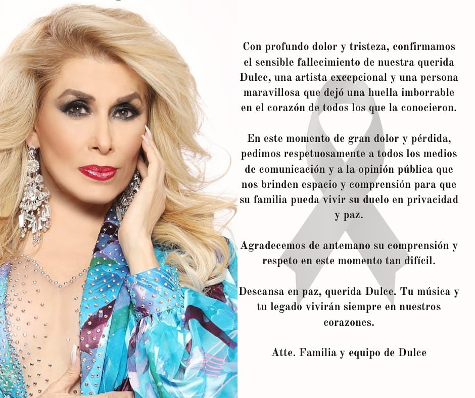 Con este mensaje el equipo y familia de Dulce anunciaron su fallecimiento.