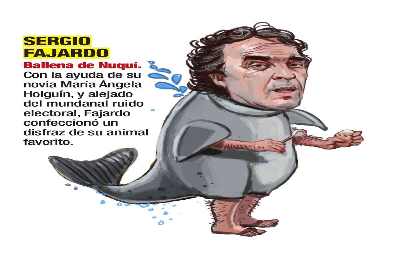 Sergio Fajardo, Ballena de Nuquí. Con la ayuda de su novia María Ángela Holguín, y alejado del mundanal ruido electoral, Fajardo confeccionó un disfraz de su animal favorito. Caricatura: Jorge Restrepo