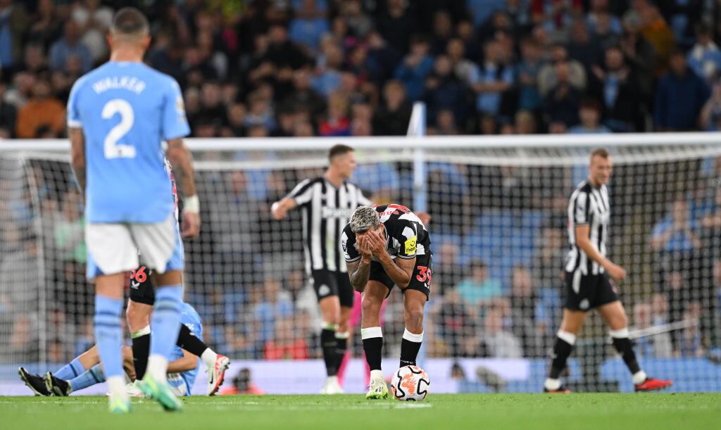 MANCHESTER, ENGLAND - AUGUST 19: Bruno Guimaraes of Newcastle reacts during the Premier League match between Manchester City and Newcastle United at Etihad Stadium on August 19, 2023 in Manchester, England. (Photo by Stu Forster/Getty Images)