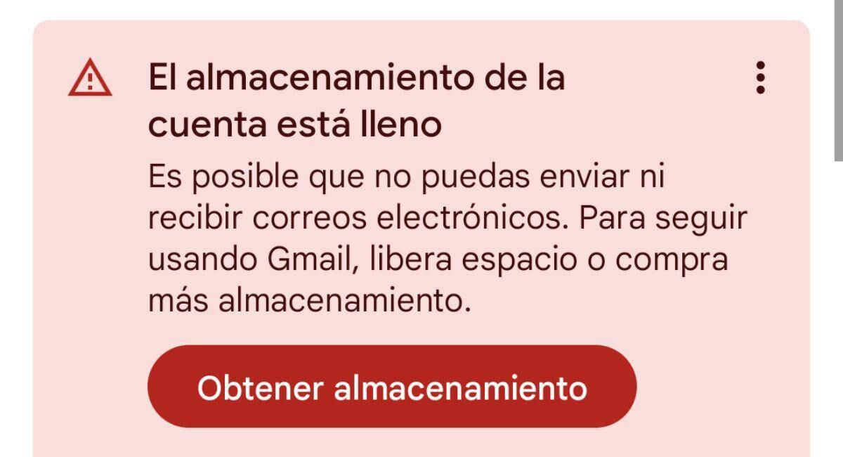 Anuncio que indica que Gmail está lleno