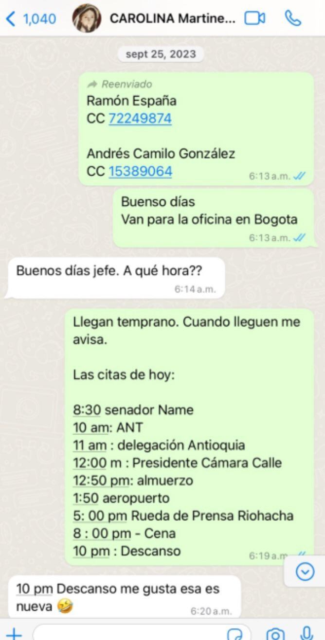 Mensajes entre Olmedo López y su entonces asesora Carolina Martínez