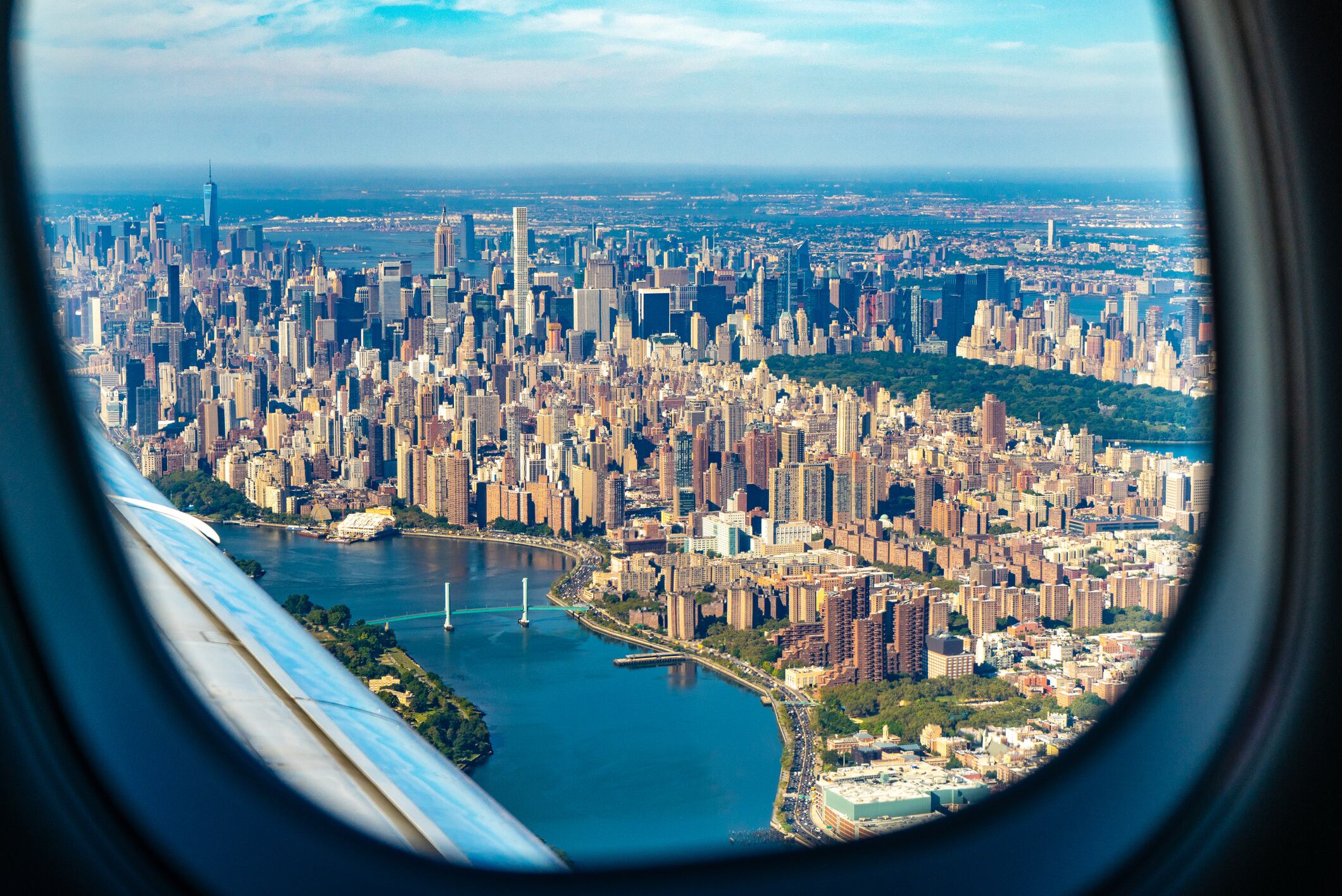 New York's Manhattan and Queens, as well as New Jersey, seen from the airplane departing from the La Guardia airport.
