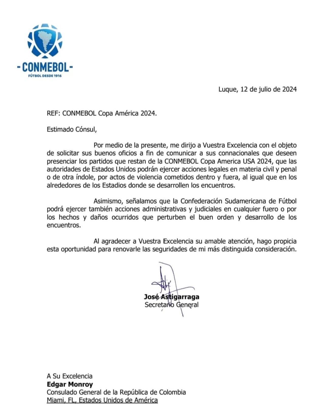 Carta de Conmebol para el Cónsul de Colombia en Estados Unidos.
