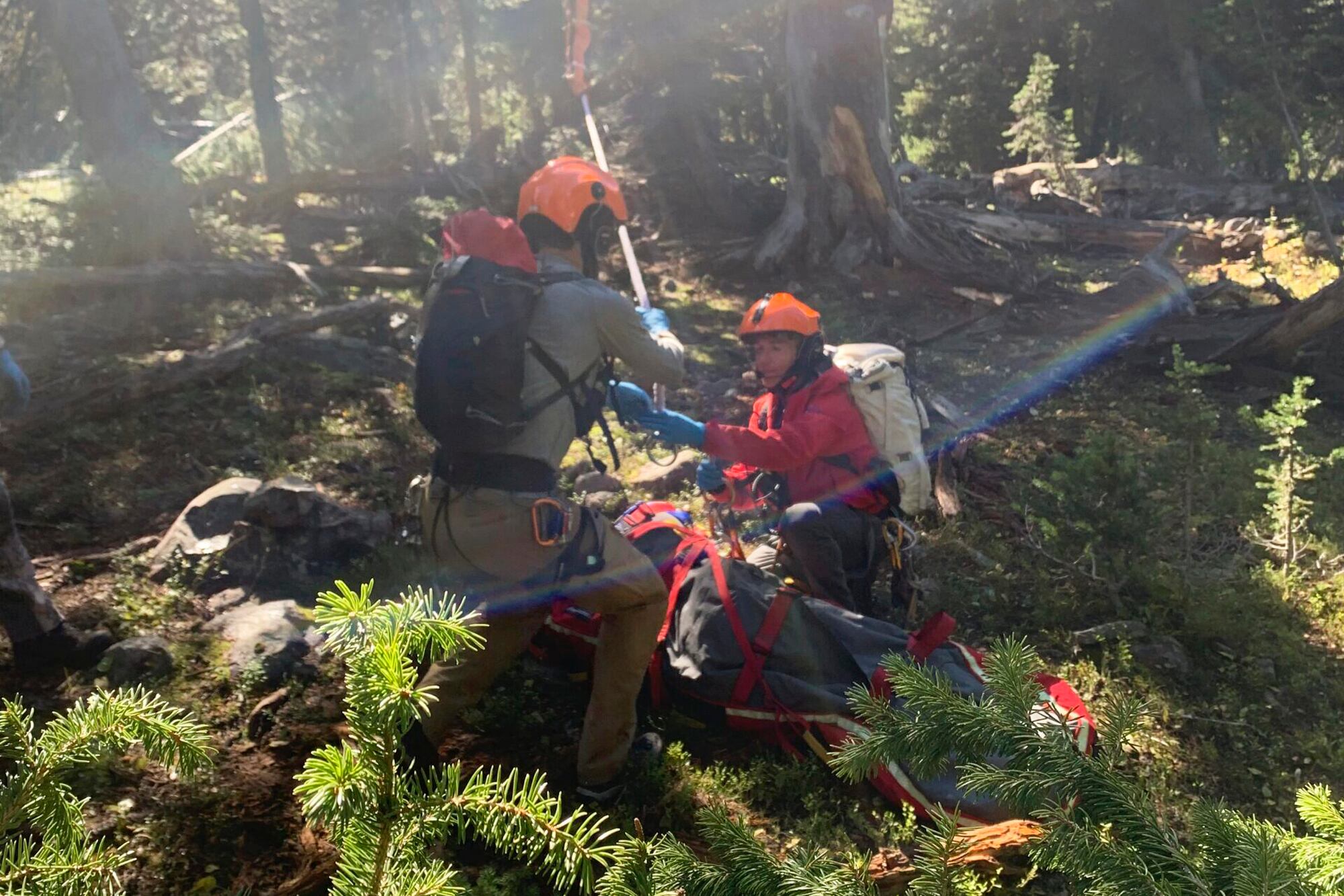 En esta fotografía proporcionada por el Sheriff Search and Rescue del condado de Gallatin, Montana, los miembros del equipo de búsqueda y rescate enganchan una cuerda que cuelga de un helicóptero de rescate a una canasta que sostiene a Rudy Noorlander después de que Noorlander fuera mutilado por un oso grizzly que le mordió el mandíbula inferior, viernes 8 de septiembre de 2023