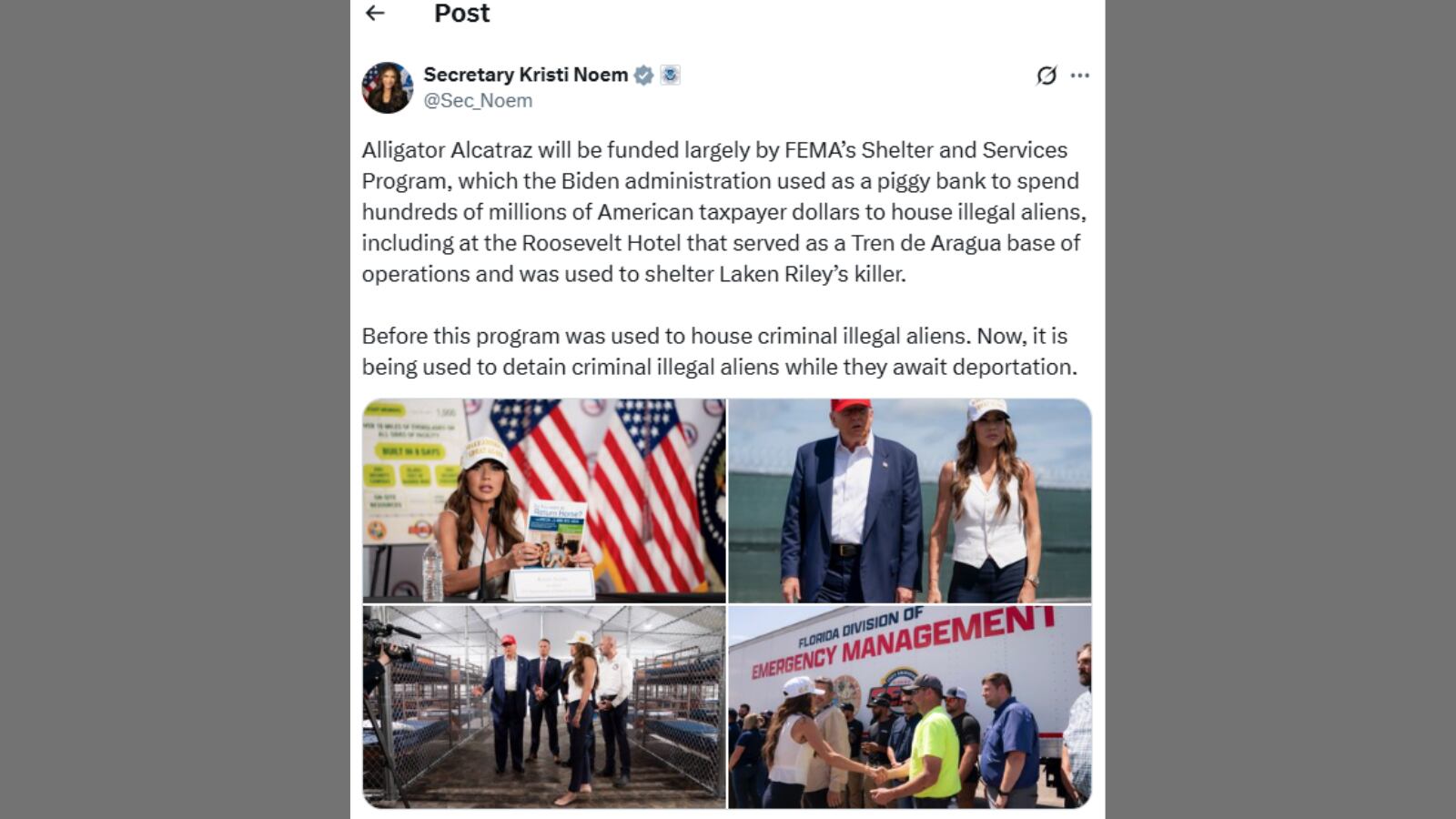La secretaria del Departamento de Seguridad Nacional de EE.UU., Kristi Noem, informó que el centro de detenciones Alligator Alcatraz se financiará en gran parte con el Programa FEMA