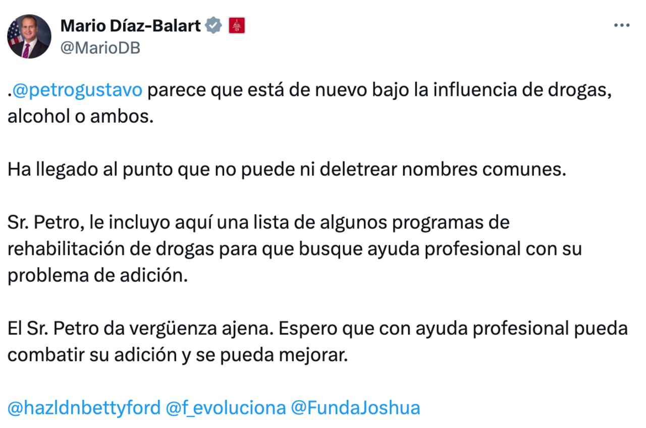 Mensaje publicado por Mario Diaz-Balart en su cuenta de X