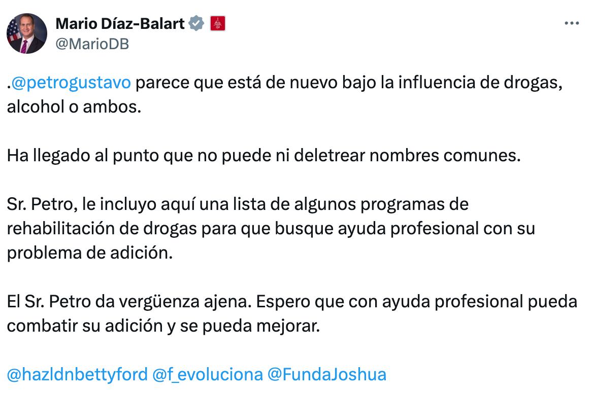 Mensaje publicado por Mario Diaz-Balart en su cuenta de X
