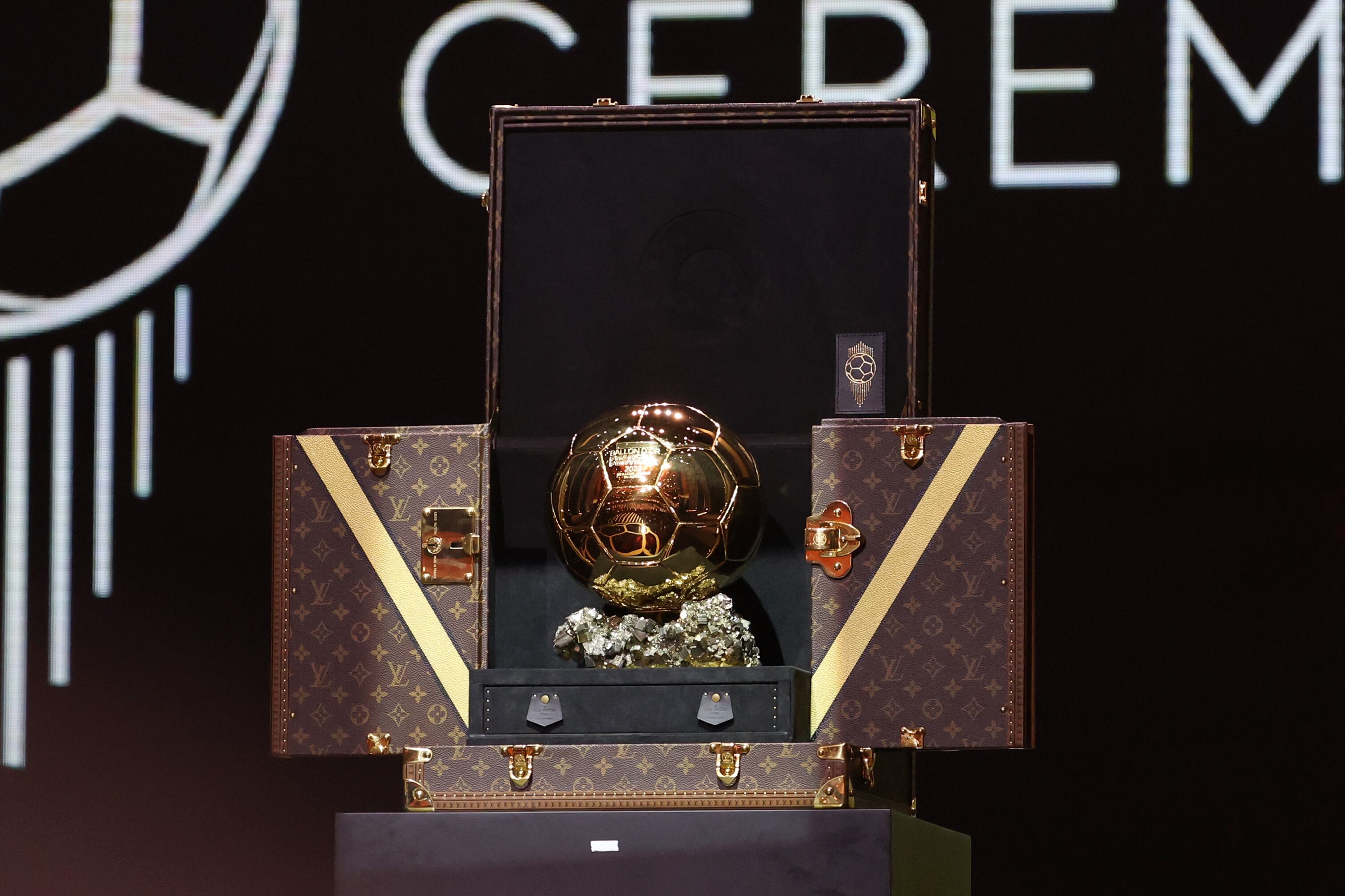 PARIS, FRANCE - OCTOBER 30: A general view of the Ballon D'Or trophy at the 67th Ballon D'Or Ceremony at Theatre Du Chatelet on October 30, 2023 in Paris, France. (Photo by Pascal Le Segretain/Getty Images)