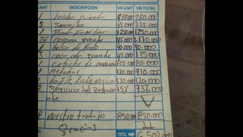 Esta es la factura que les dieron al grupo de mexicanos, luego de pasar el día en Playa Blanca.