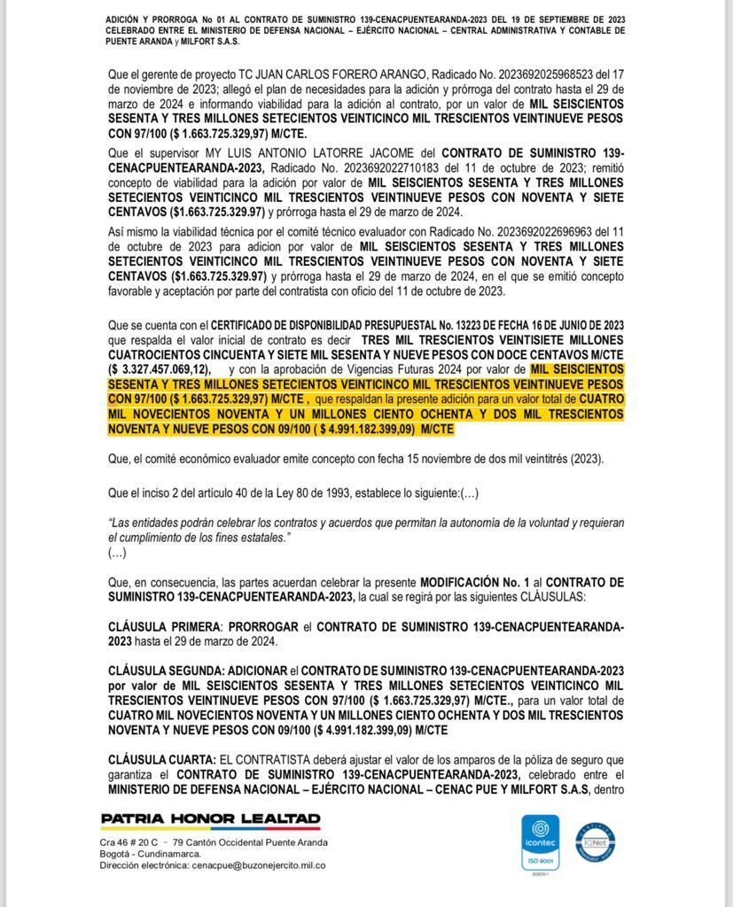El documento soporta la millonaria adición que hizo el Ejército a contratos bajo observación de la Procuraduría.