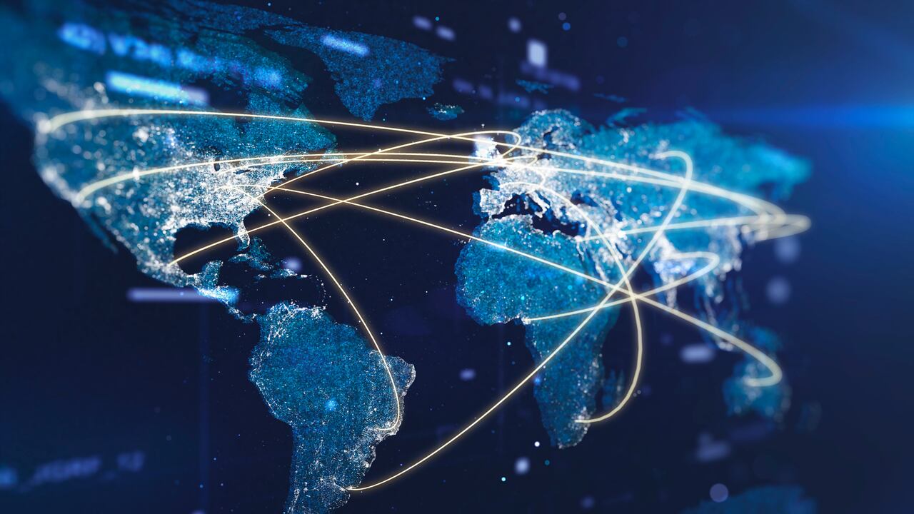 Global communication network on a glowing particle world map.