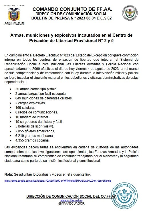 Comunicado por parte de las Fuerzas Militares ecuatorianas de lo encontrado en la Cárcel de Guayas.