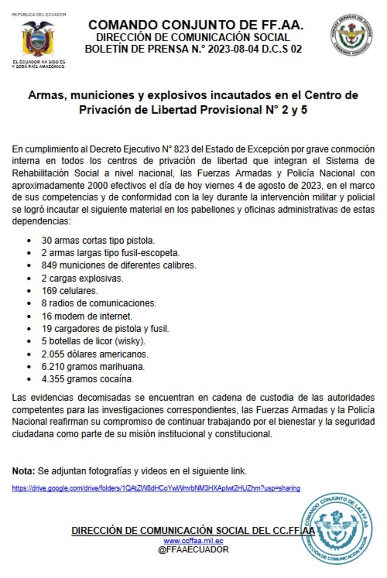 Comunicado por parte de las Fuerzas Militares ecuatorianas de lo encontrado en la Cárcel de Guayas.