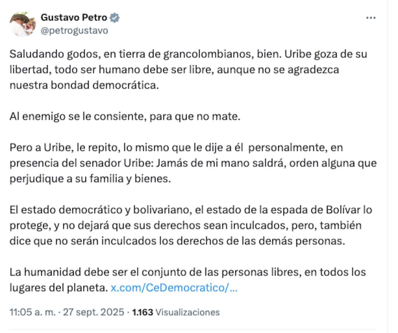El mensaje del presidente Gustavo Petro.
