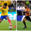 Luis Suárez, delantero de Colombia (dre.), Iván Bartón juez central (izq.).