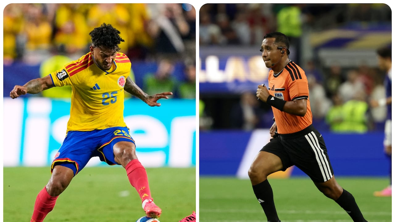 Luis Suárez, delantero de Colombia (dre.), Iván Bartón juez central (izq.).