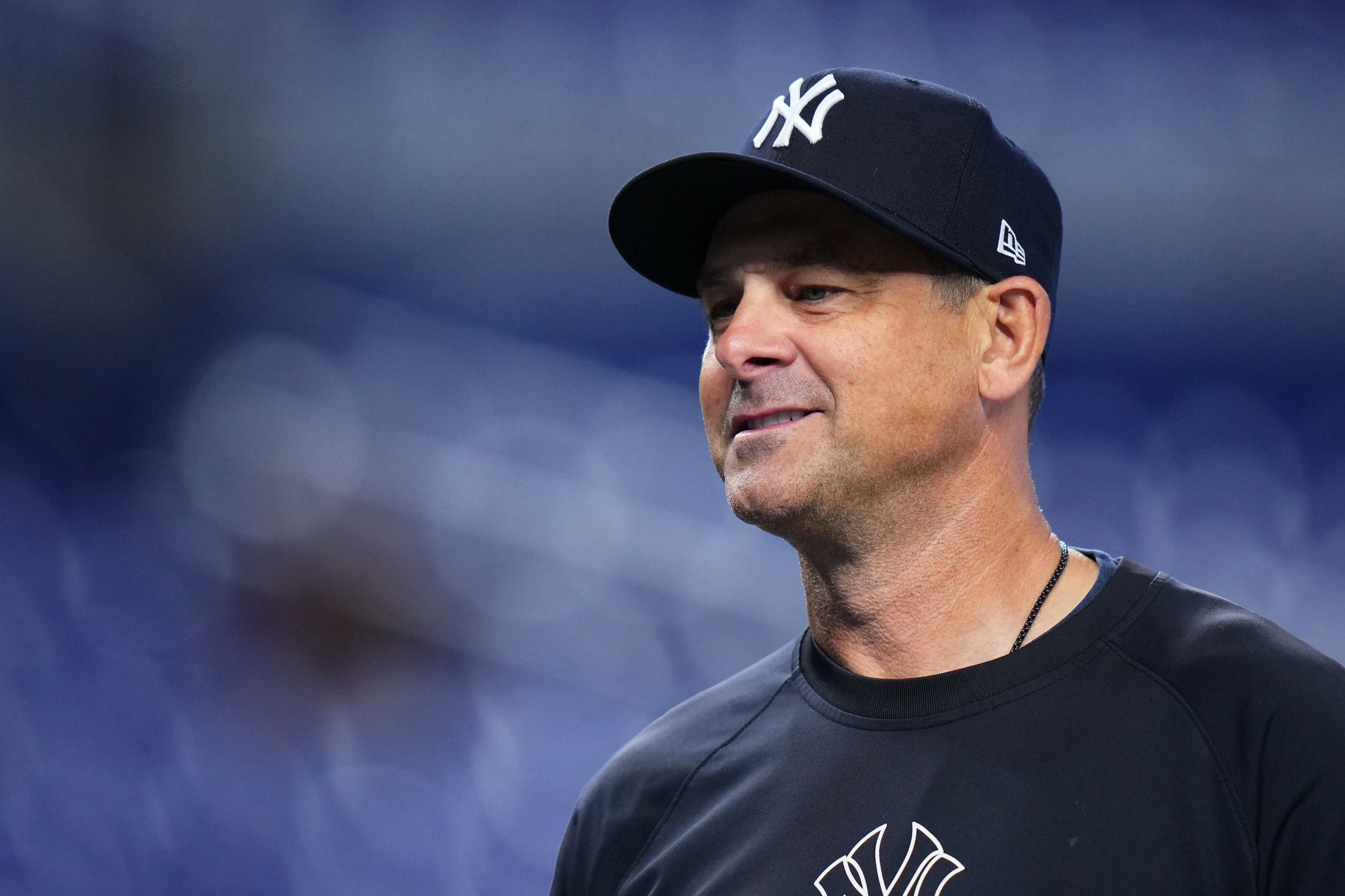 MIAMI, FLORIDA - AUGUST 02: New York Yankees manager Aaron Boone looks on during batting practice prior to a game against the Miami Marlins at loanDepot park on August 02, 2025 in Miami, Florida. (Photo by Rich Storry/Getty Images)