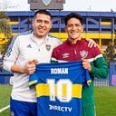 Germán Cano y Román Riquelme en la sede de Boca Juniors