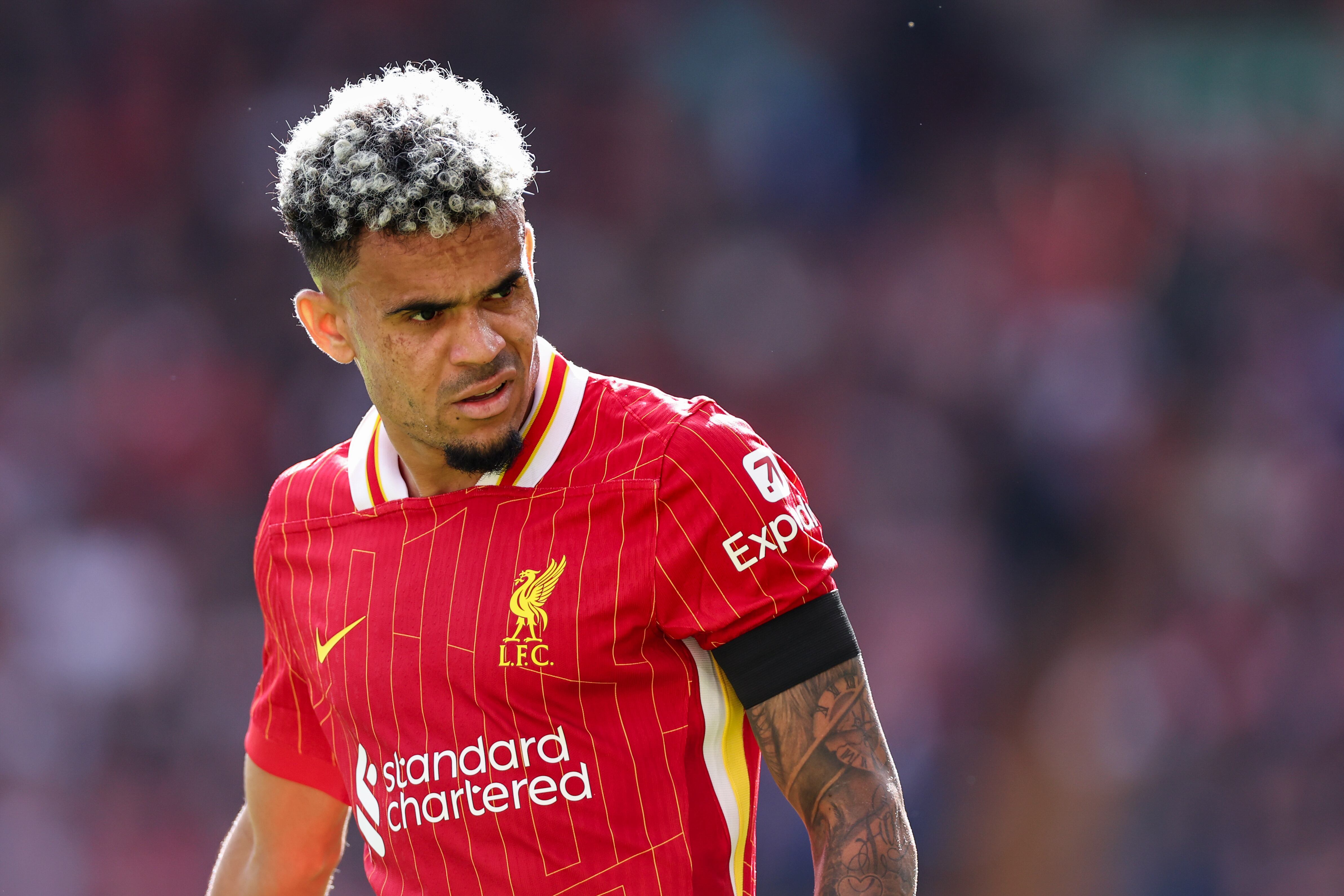 LIVERPOOL, ENGLAND - SEPTEMBER 14: Luis Diaz of Liverpool during the Premier League match between Liverpool FC and Nottingham Forest FC at Anfield on September 14, 2024 in Liverpool, England. (Photo by Robbie Jay Barratt - AMA/Getty Images)