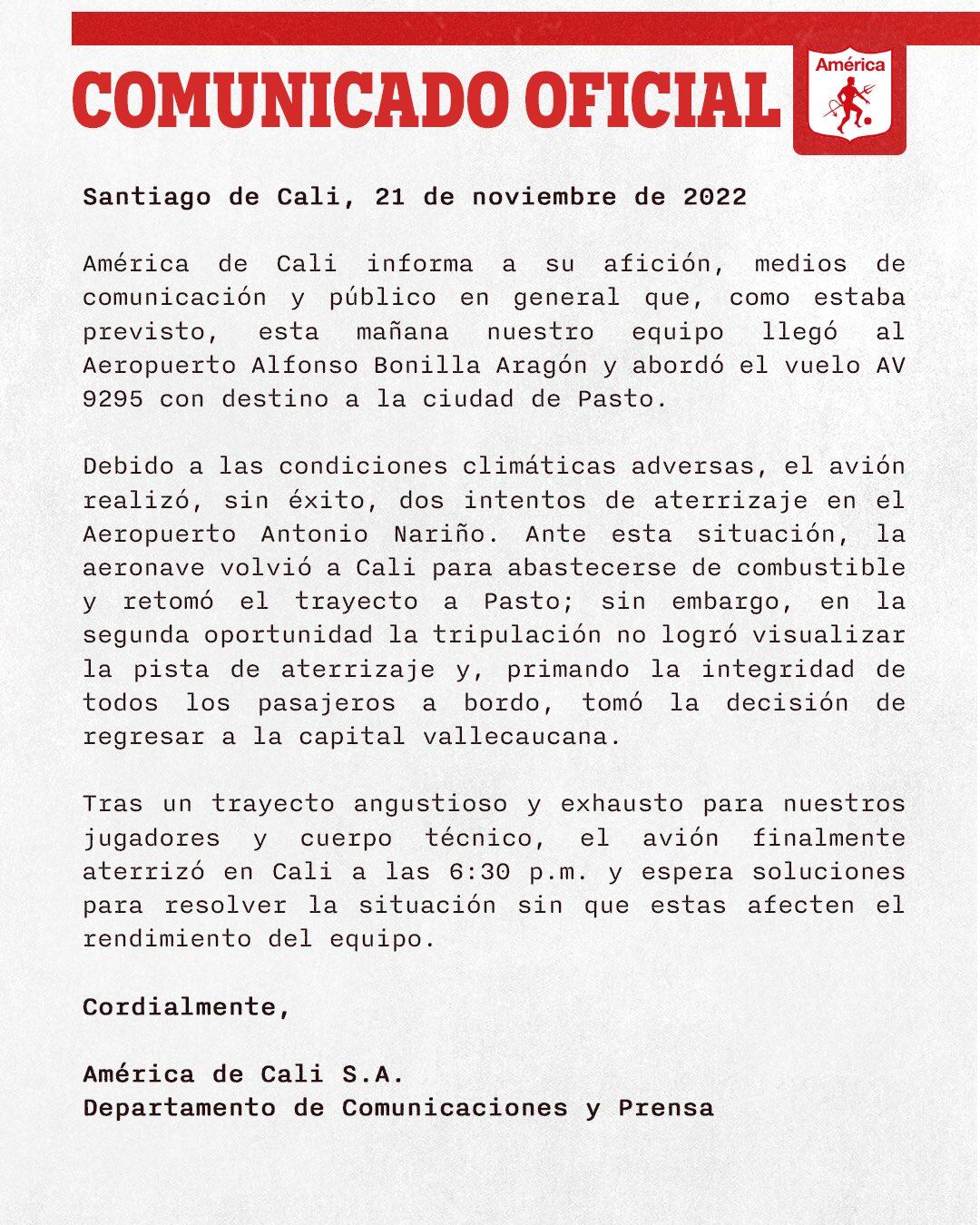 Comunicado de América de Cali sobre lo ocurrido en Nariño.