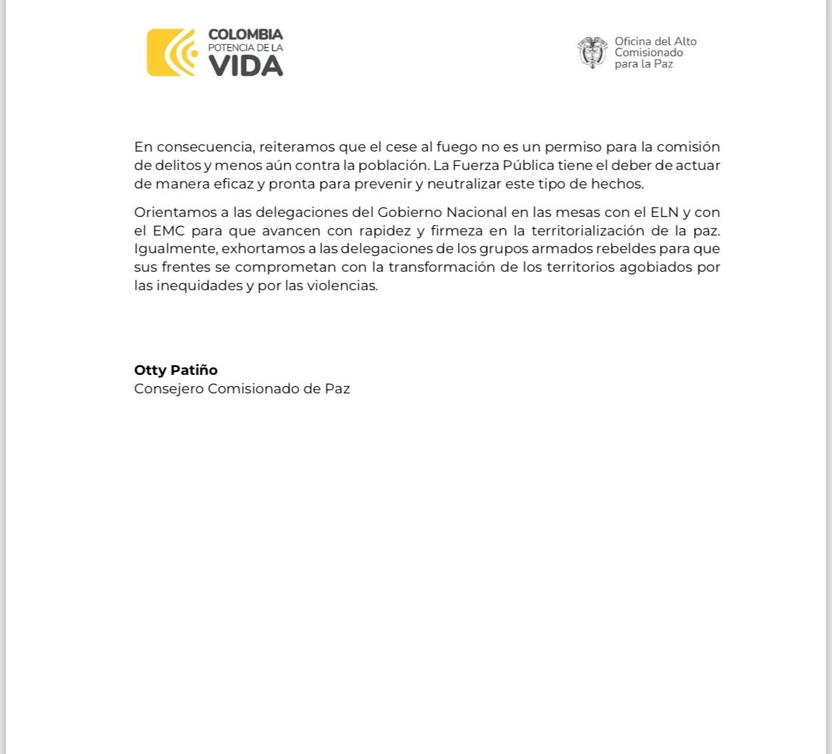 Comunicado comisionado de Paz Otty Patiño
