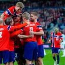 Norway's players celebrate the 1-1 during the UEFA Nations League Group A4 football match between Norway and Portugal in Oslo on September 27, 2026. (Photo by Lise ASERUD / NTB / AFP) / Norway OUT / NORWAY OUT / NORWAY OUT