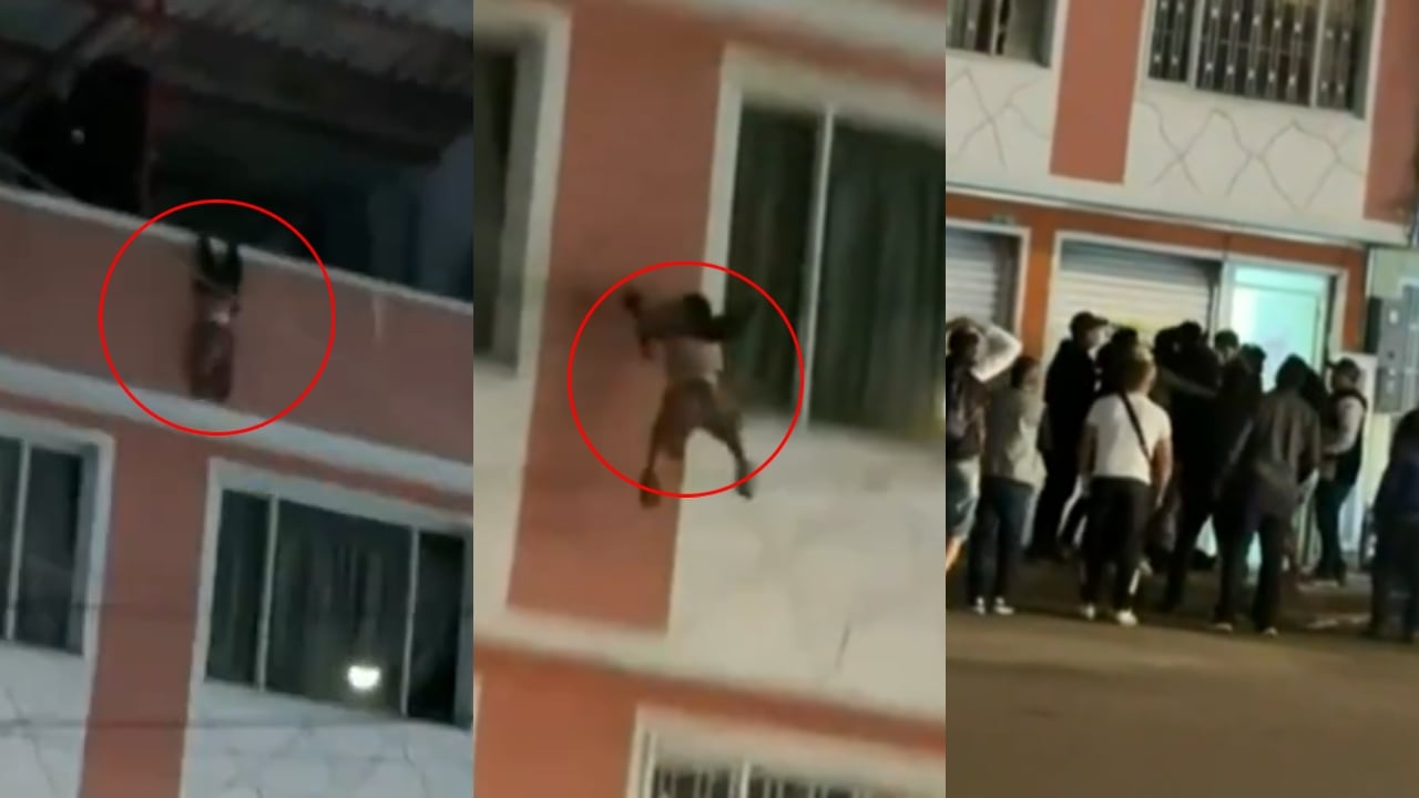 Momento exacto en el que el niño cae, pero afortunadamente es recibido por la comunidad.