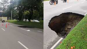El enorme hueco alcanza a cubrir todo el ancho de la calzada oriental de la Avenida Regional sur - norte.