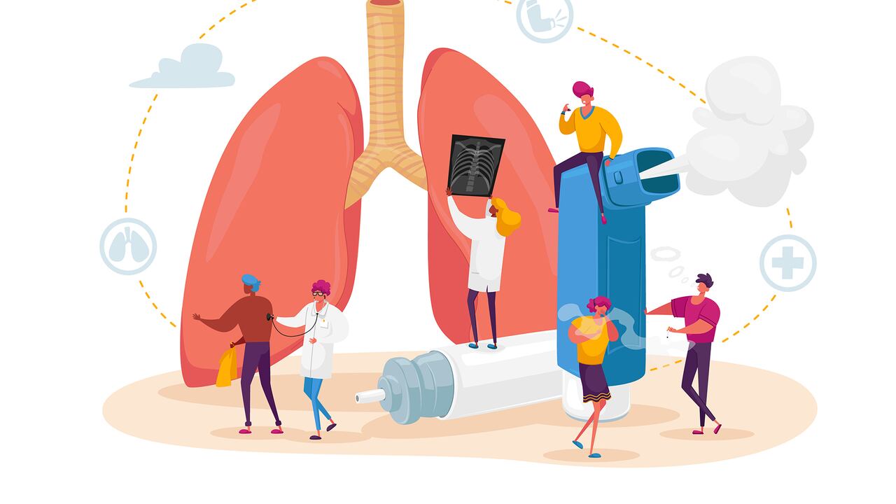 Concepto de enfermedad de neumología y asma. Pequeños personajes en enormes pulmones e inhalador, examen y tratamiento del sistema respiratorio. Control de inspección de órganos internos. Ilustración de vector de gente de dibujos animados