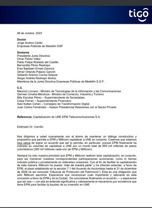 Carta de Millicom a EPM