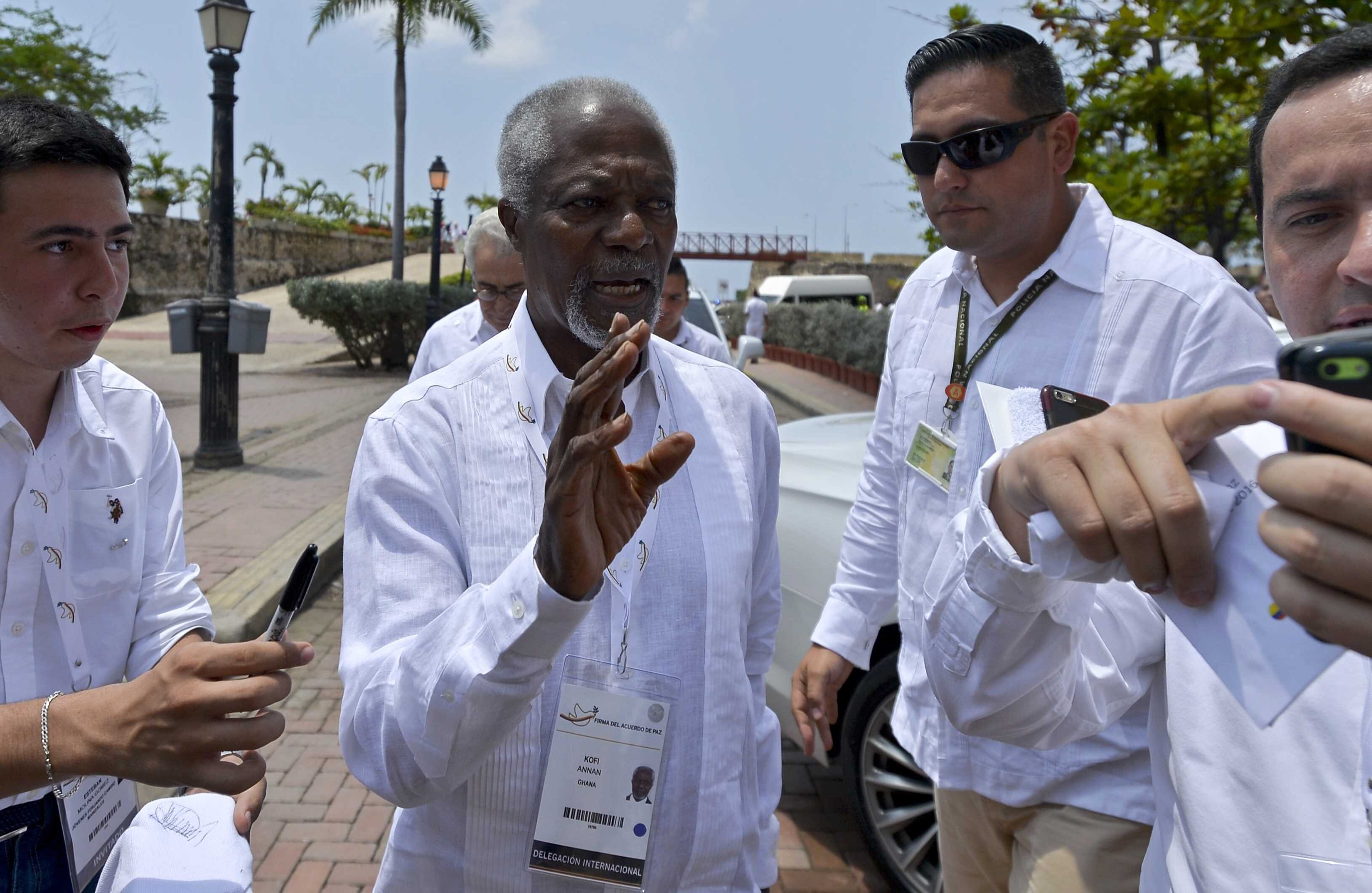 El ghanés Koffi Annan, ex Secretario general de la ONU (1997-2006), fue una voz que legitimó el apoyo de todo el mundo al proceso en Colombia. Foto/AFP