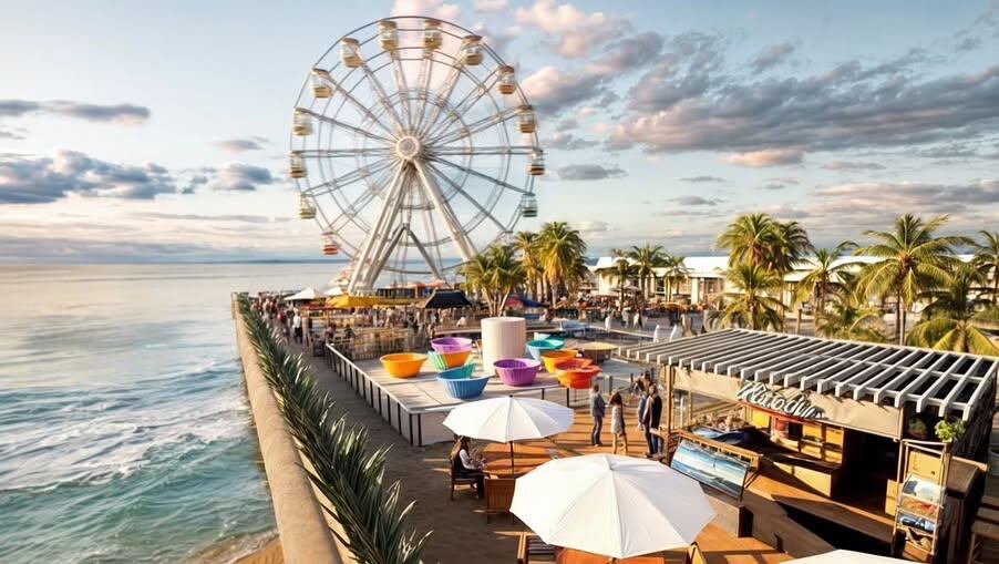 Panorámica de la rueda de la fortuna que tendrá el Gran Malecón que se construye en Cartagena.