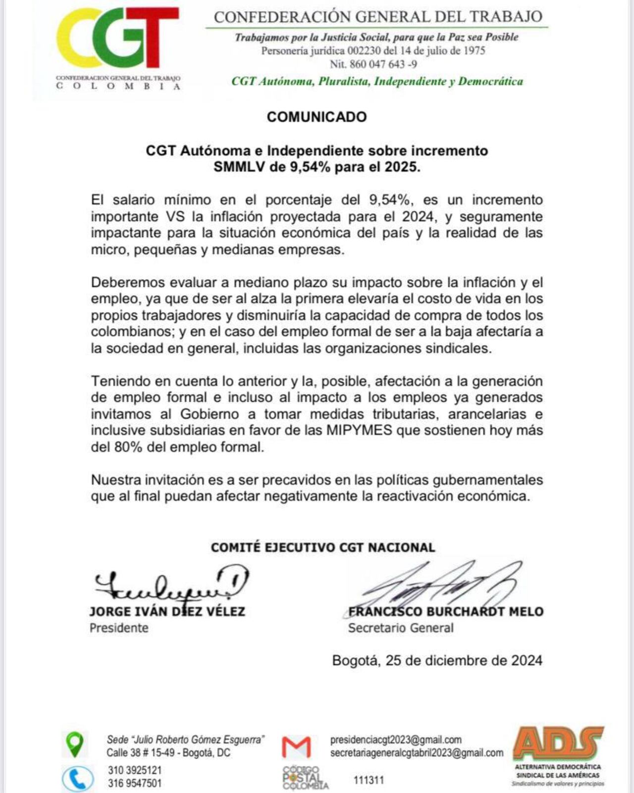 Comunicado de la CGT.