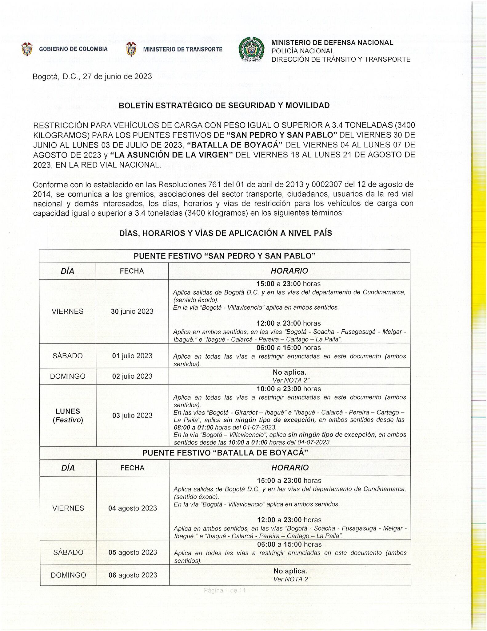 restricción de carga y el plan retorno horarios y tramos en donde se aplicará.
