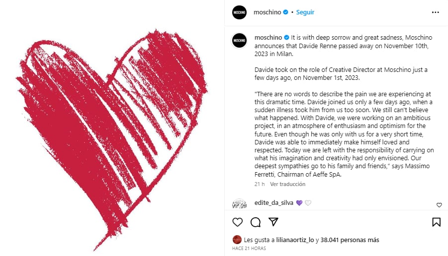 Moschino compartió una publicación en Instagram y lamentaron el fallecimiento del director creativo de la marca italiana.