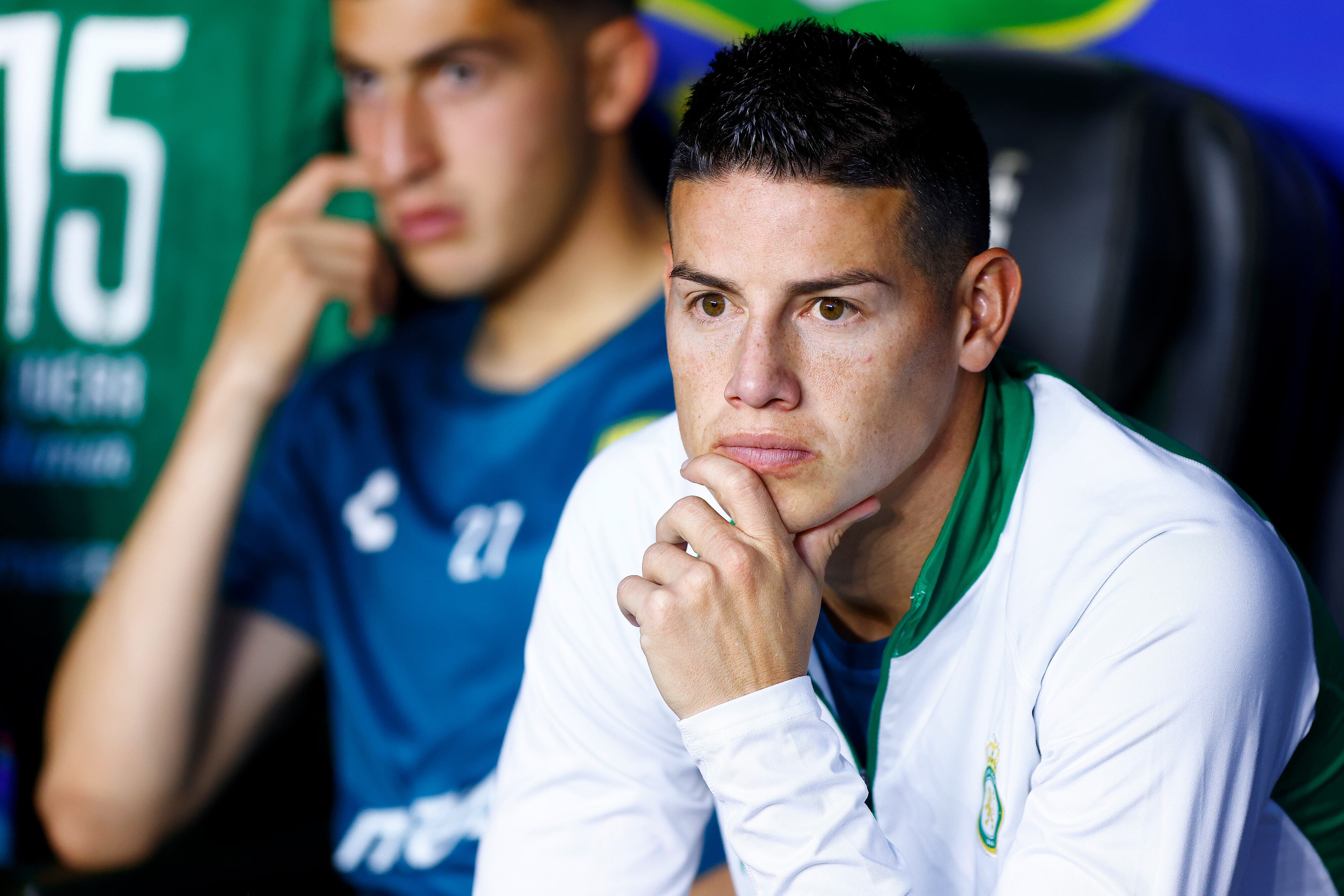 LEON, MEXICO - MARCH 30: James Rodriguez of Leon looks on from the bench during the 13th round match between Leon and Pumas UNAM as part of the Torneo Clausura 2025 Liga MX at Leon Stadium on March 30, 2025 in Leon, Mexico. (Photo by Leopoldo Smith/Getty Images)