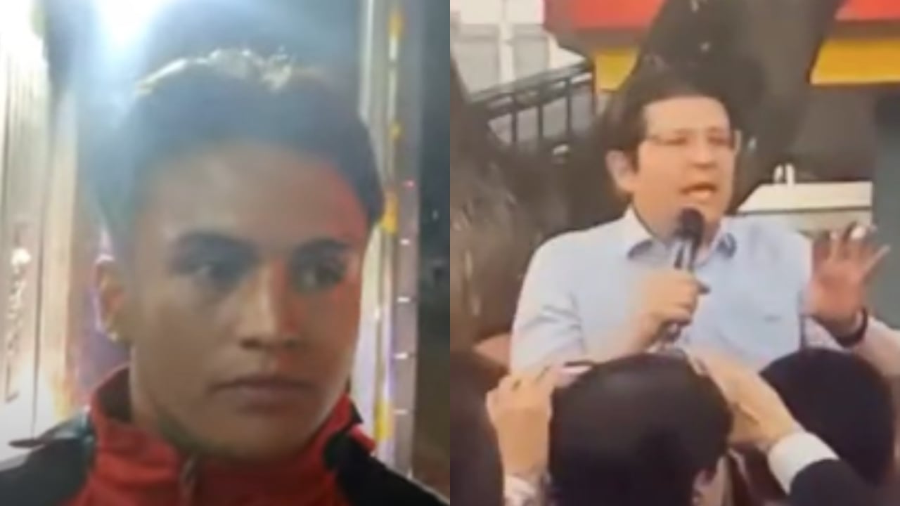 De izquierda a derecha: Brandon, el conductor de la ambulancia, y el senador Miguel Uribe, antes de ser atacado a bala.