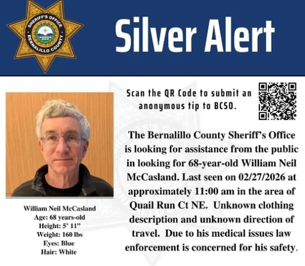 La oficina del sheriff ha emitido una Alerta Plateada, un sistema de notificación pública utilizado en EE.UU. UU. para localizar a personas mayores desaparecidas o personas con Alzheimer, demencia u otras discapacidades mentales.